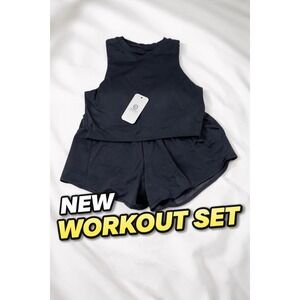 Girls 2Pc Athletic Outfit Set Tank Top Shorts Black Size L NWT